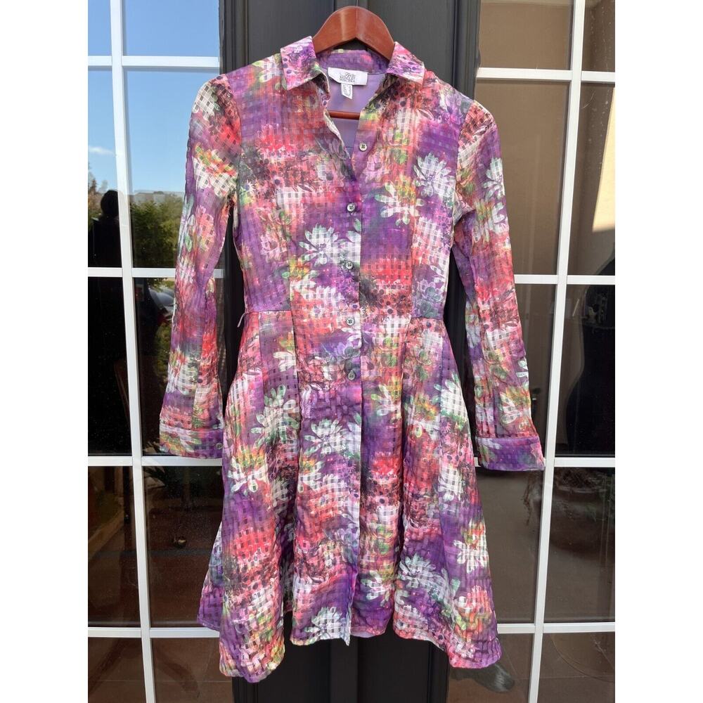 Badgley Mischka Dress Size 0 Fit Flare Purple Pink Floral Semi Sheer NO BELT